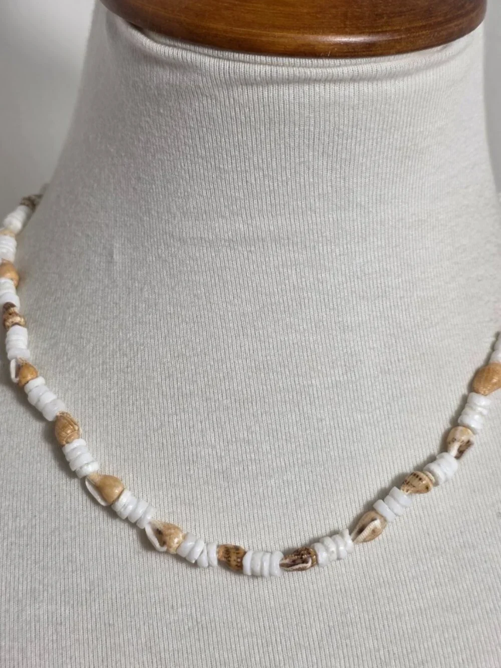 Bohemian-Style Necklace White Heishi Beads with Small Tan Seashell Spacers